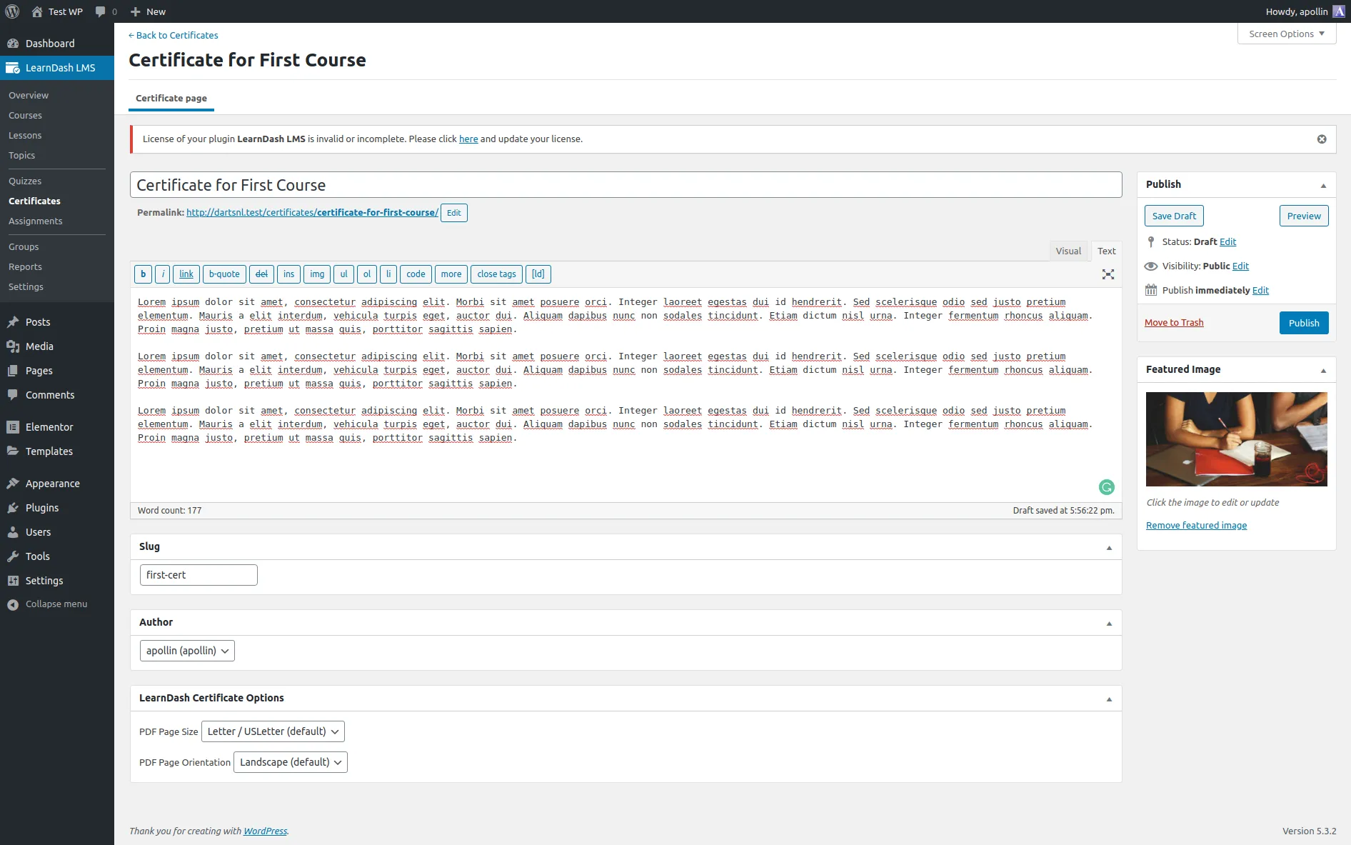 LearnDash 'Certificate for First Course' edit screen with placeholder Lorem ipsum text and LearnDash Certificate Options (page size, orientation) in the sidebar