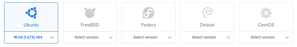 DigitalOcean operating-system selection tiles: Ubuntu 18.04.3 LTS x64 (selected), FreeBSD, Fedora, Debian, CentOS