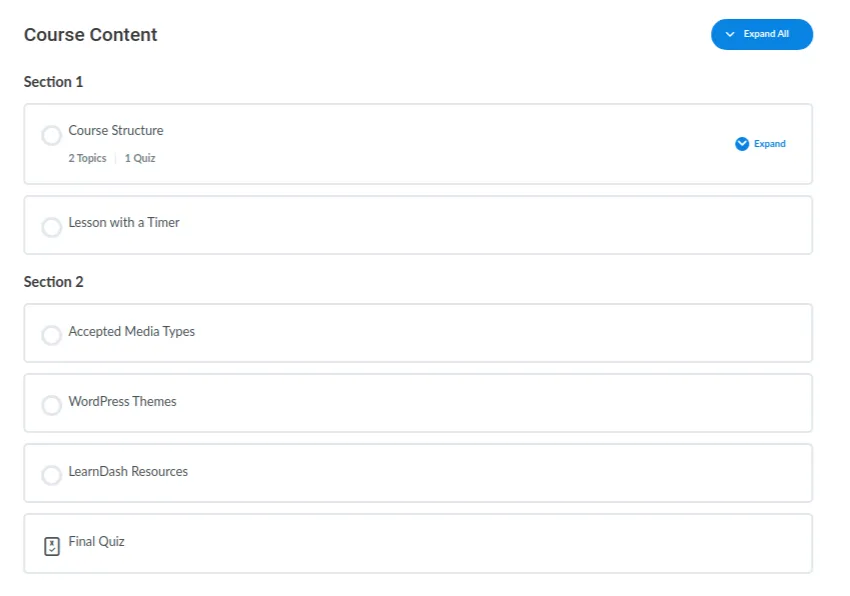 LearnDash course content view with collapsible sections — Course Structure, Lesson with a Timer, Accepted Media Types, WordPress Themes, LearnDash Resources, Final Quiz
