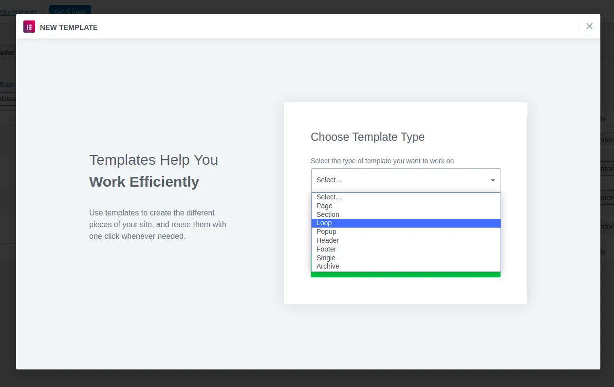Elementor 'New Template' modal with the 'Choose Template Type' dropdown open and 'Loop' highlighted