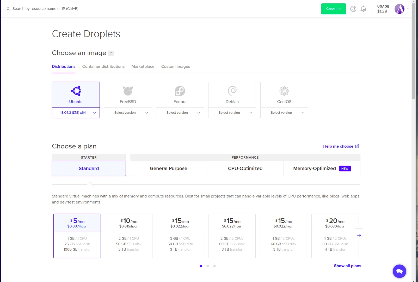 DigitalOcean 'Create Droplets' screen: distribution tiles, the Standard plan tier, and pricing tiles starting at $5/mo