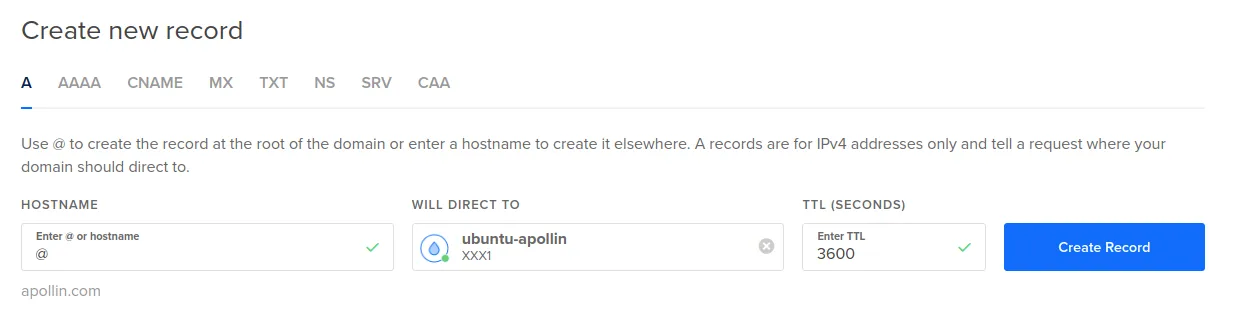 DigitalOcean 'Create new record' DNS panel: A record for hostname '@' pointing at droplet 'ubuntu-apollin' with TTL 3600