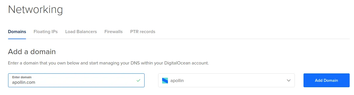 DigitalOcean Networking → Domains panel adding 'apollin.com' to the apollin project