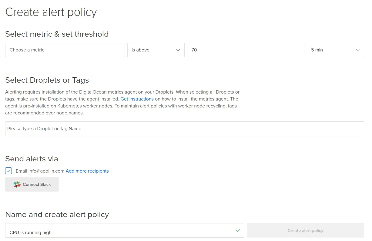 DigitalOcean 'Create alert policy' form — metric, threshold ('is above 70 for 5 min'), droplet/tag selector, email and Slack notification options, named 'CPU is running high'