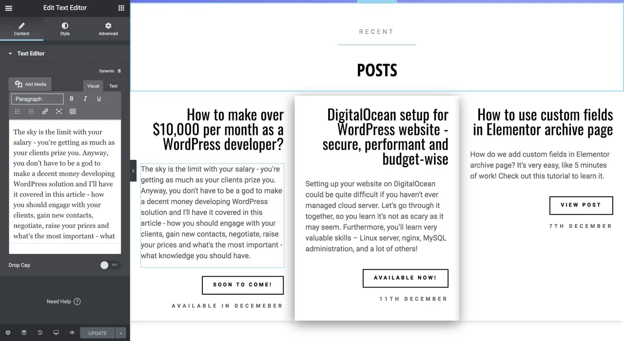 Elementor visual editor: text-editor sidebar on the left and a live page preview on the right showing three Recent Posts cards