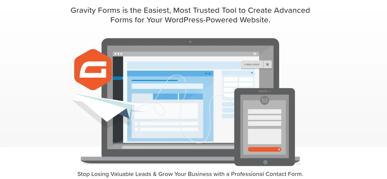 Gravity Forms marketing graphic — a laptop and phone with the headline 'Gravity Forms is the Easiest, Most Trusted Tool to Create Advanced Forms for Your WordPress-Powered Website'