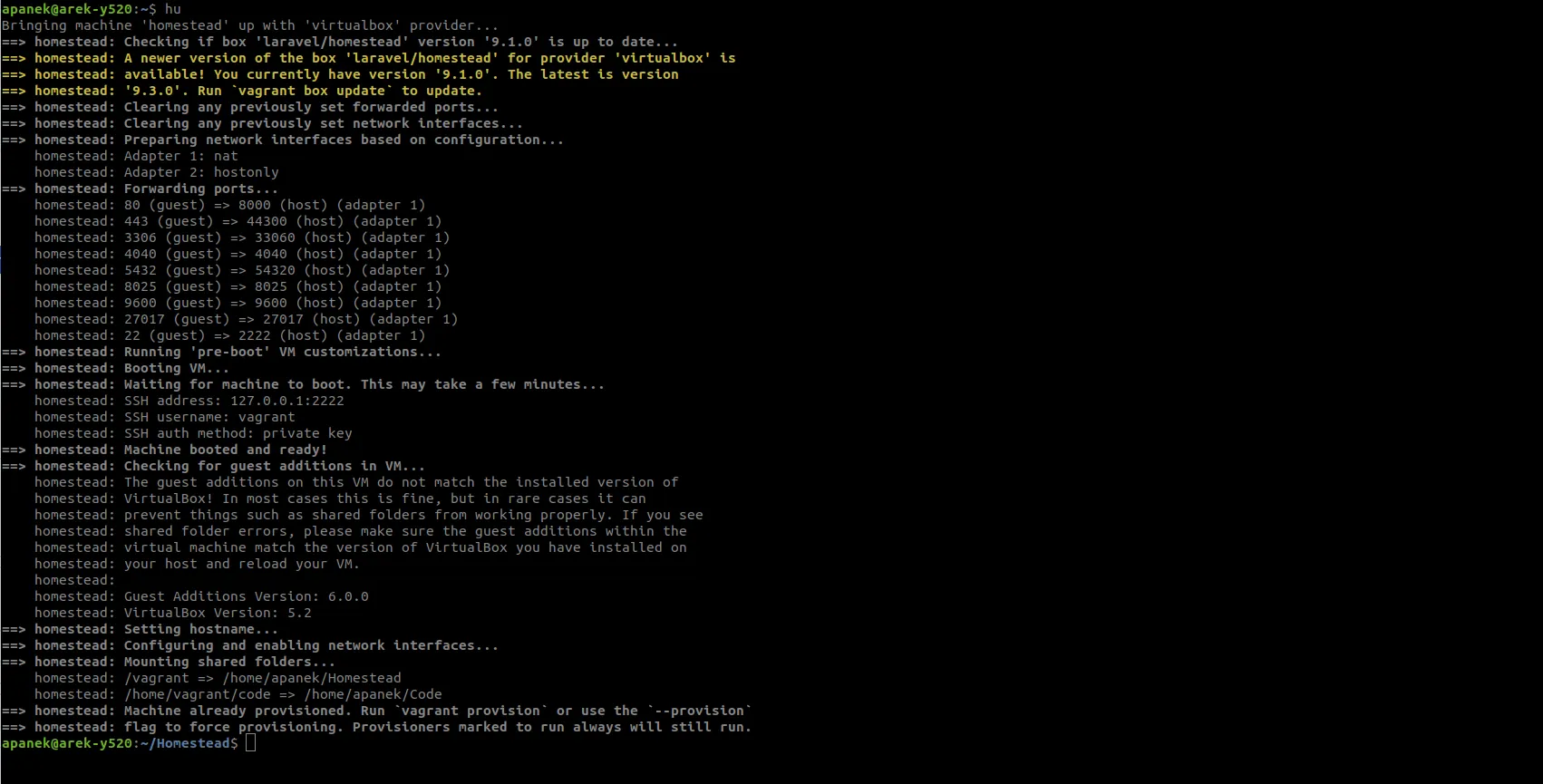 Terminal output from vagrant up booting a Laravel Homestead box and configuring forwarded ports, networks, and shared folders
