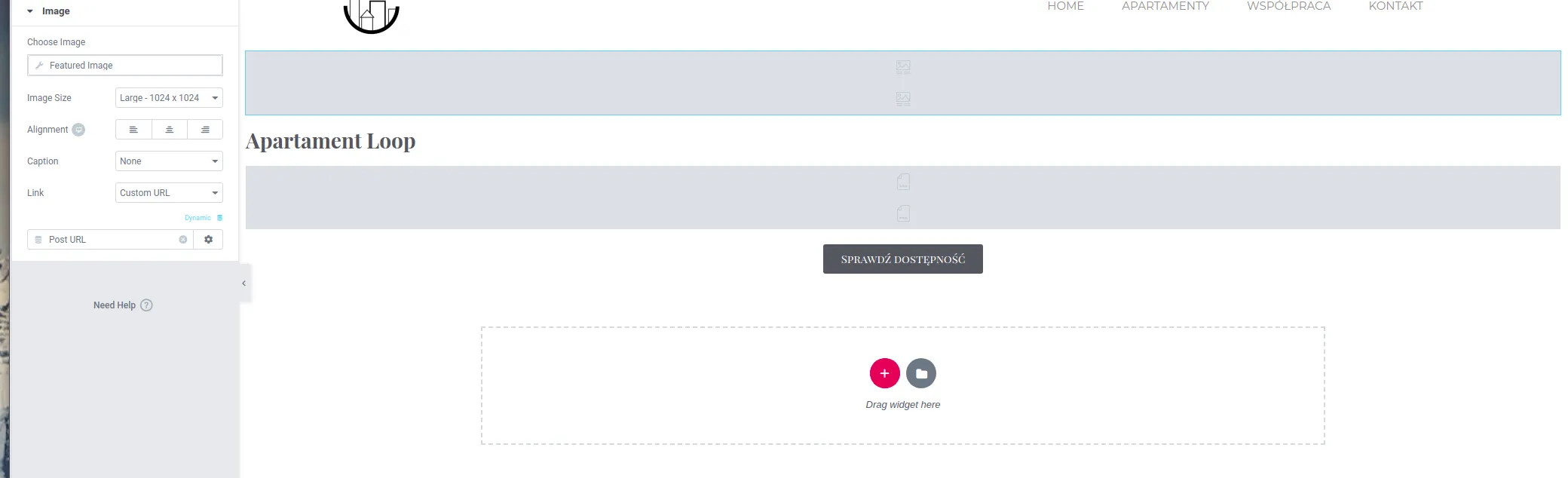 Elementor loop template editor showing an Apartment Loop layout with image and file widget placeholders and a 'Sprawdź dostępność' (Check availability) button