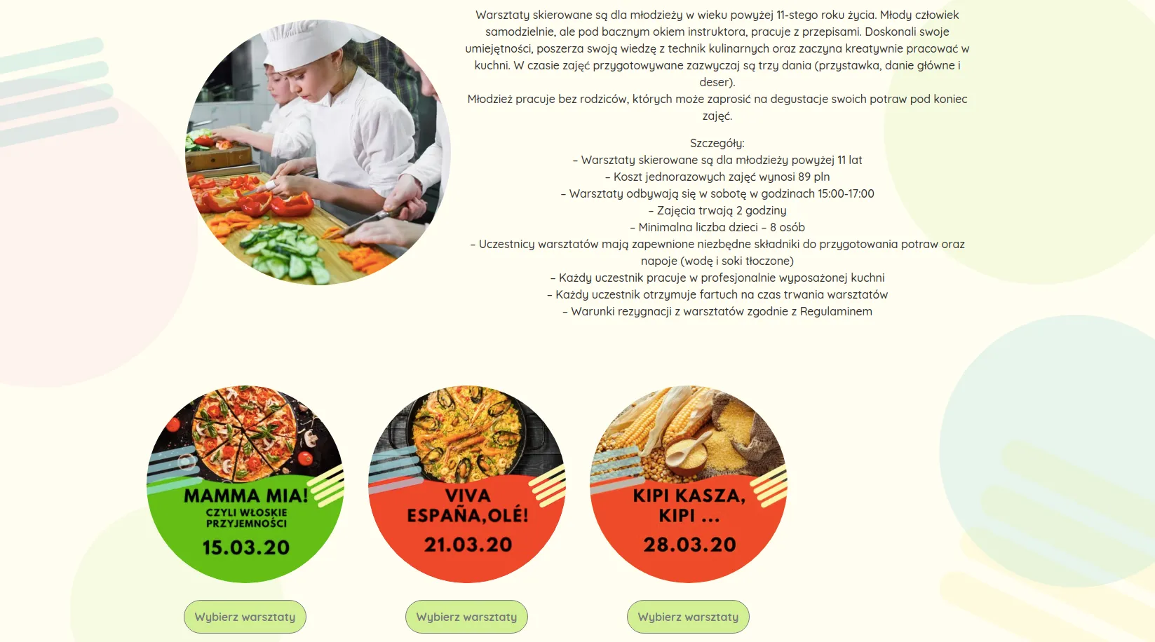 Client project: a Polish cooking-school landing page with a child chef photo and three upcoming workshops — 'Mamma mia!', 'Viva España!', 'Kipi Kasza' — each with dates and sign-up buttons
