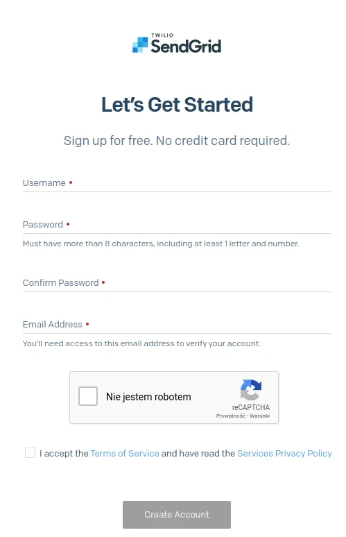 Twilio SendGrid 'Let's Get Started' sign-up form with username, password, confirm password, email, and reCAPTCHA fields