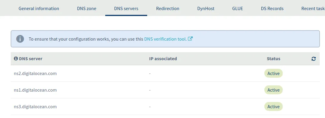 OVH DNS-servers panel listing ns1/ns2/ns3.digitalocean.com as Active nameservers
