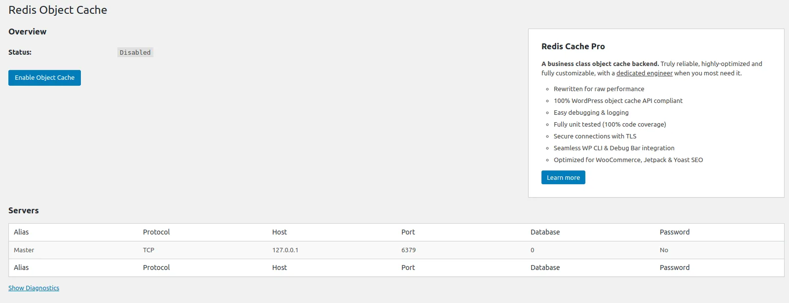 WordPress Redis Object Cache plugin overview — status Disabled with an Enable Object Cache button, plus a Servers table showing master at 127.0.0.1:6379