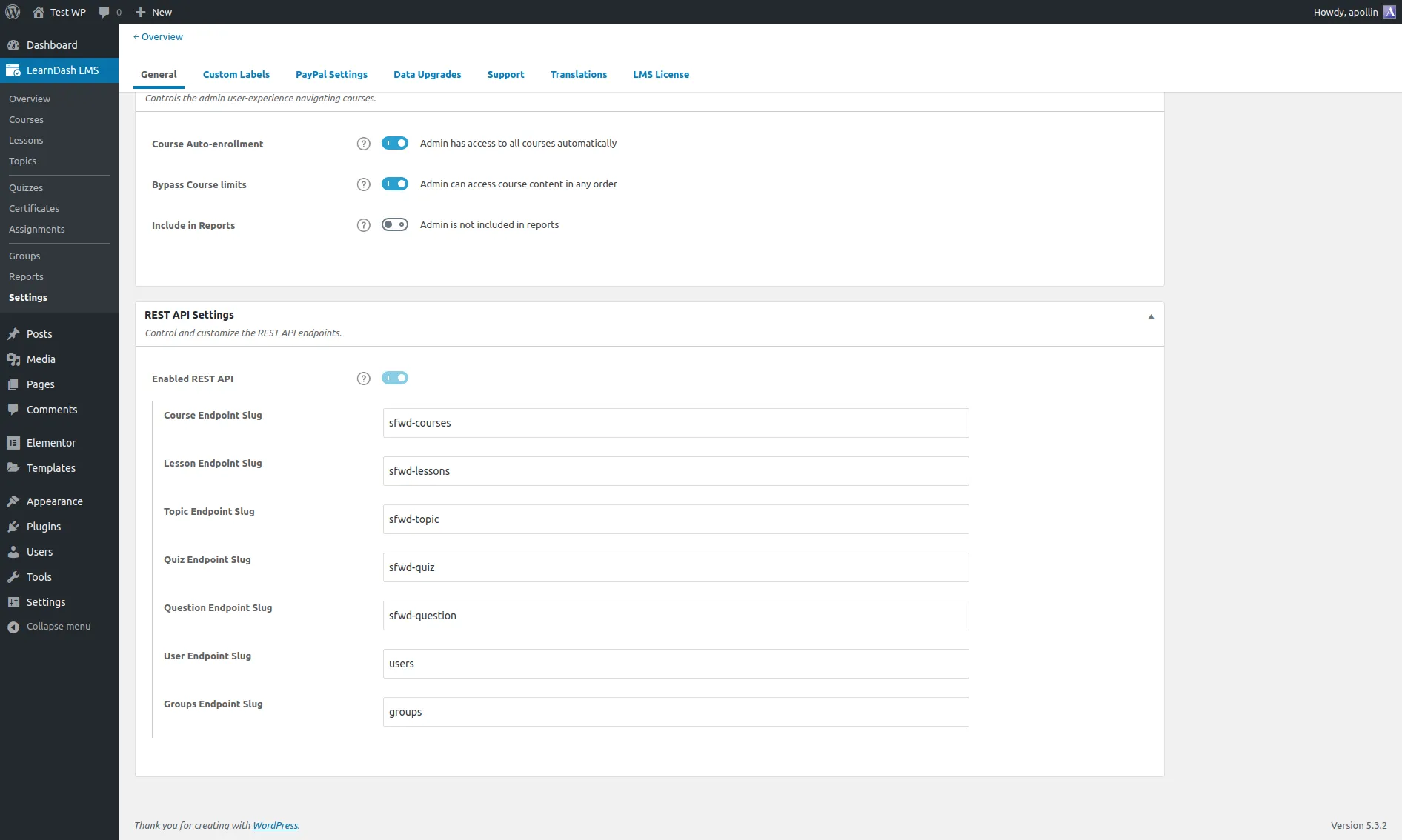 LearnDash Settings → General with the REST API panel expanded, showing toggles and slug fields for courses, lessons, topics, quizzes, questions, users, and groups