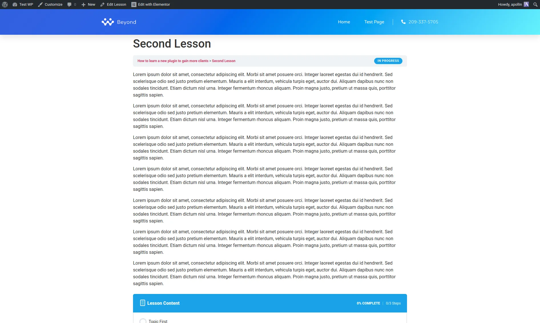 Front-end LearnDash 'Second Lesson' page with placeholder Lorem ipsum body and a 'Lesson Content' section listing topics at the bottom