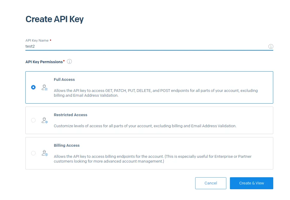 SendGrid 'Create API Key' page — name field 'test2' with Full Access selected and Restricted Access / Billing Access alternatives