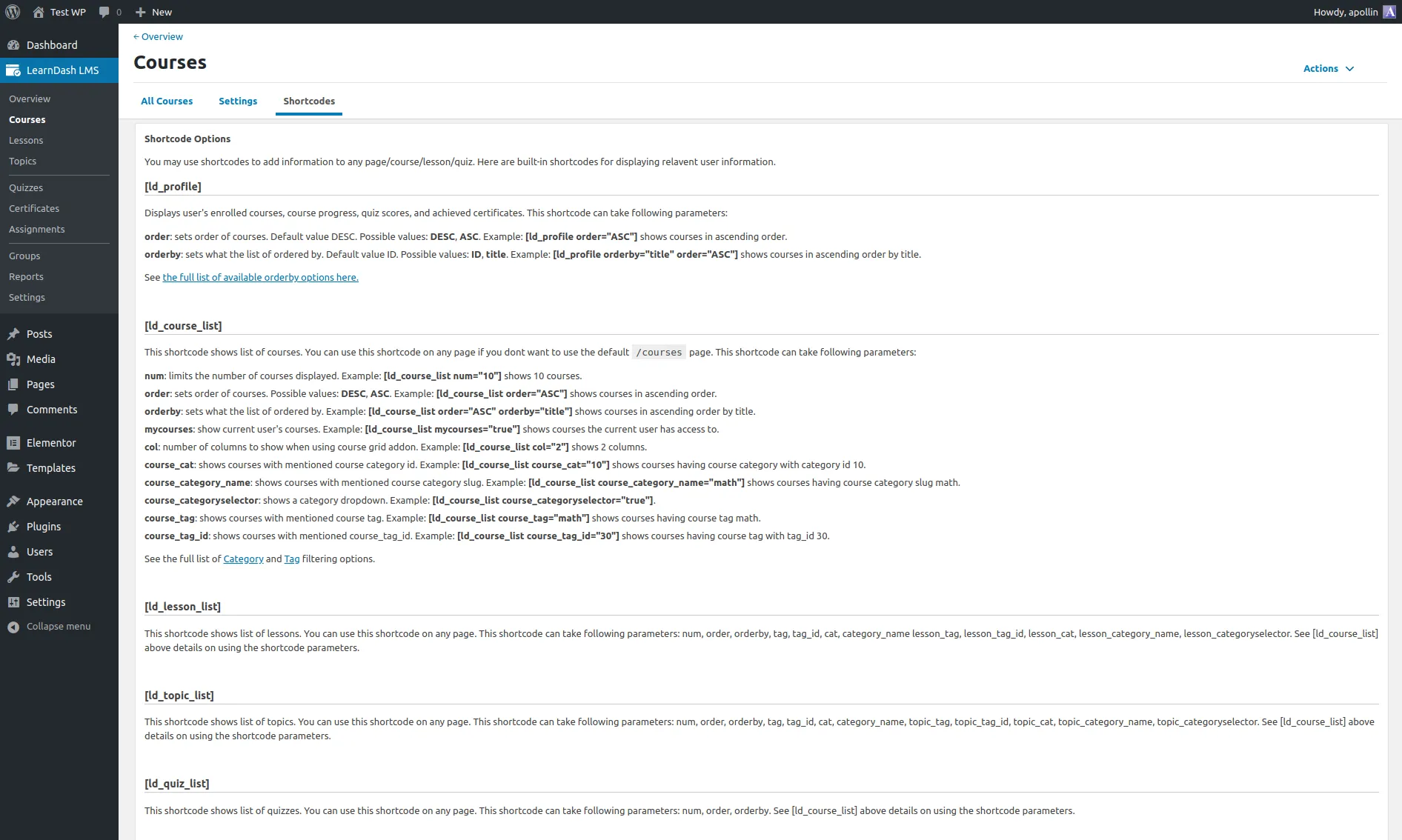 LearnDash Courses → Shortcodes admin page documenting the [ld_profile], [ld_course_list], [ld_lesson_list], and [ld_quiz_list] shortcodes with their parameters