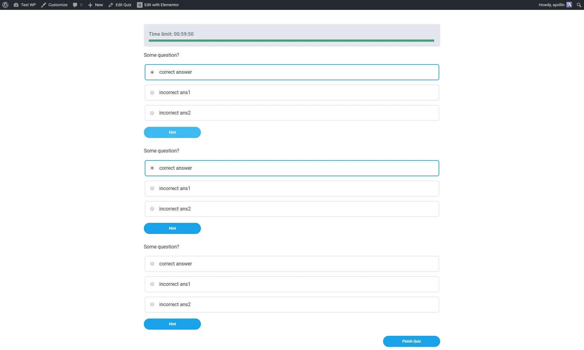 Front-end LearnDash quiz showing three repeated 'Some question?' multiple-choice questions (correct answer / incorrect ans1 / incorrect ans2) with Hint buttons, a 60-minute timer, and a 'Finish Quiz' button