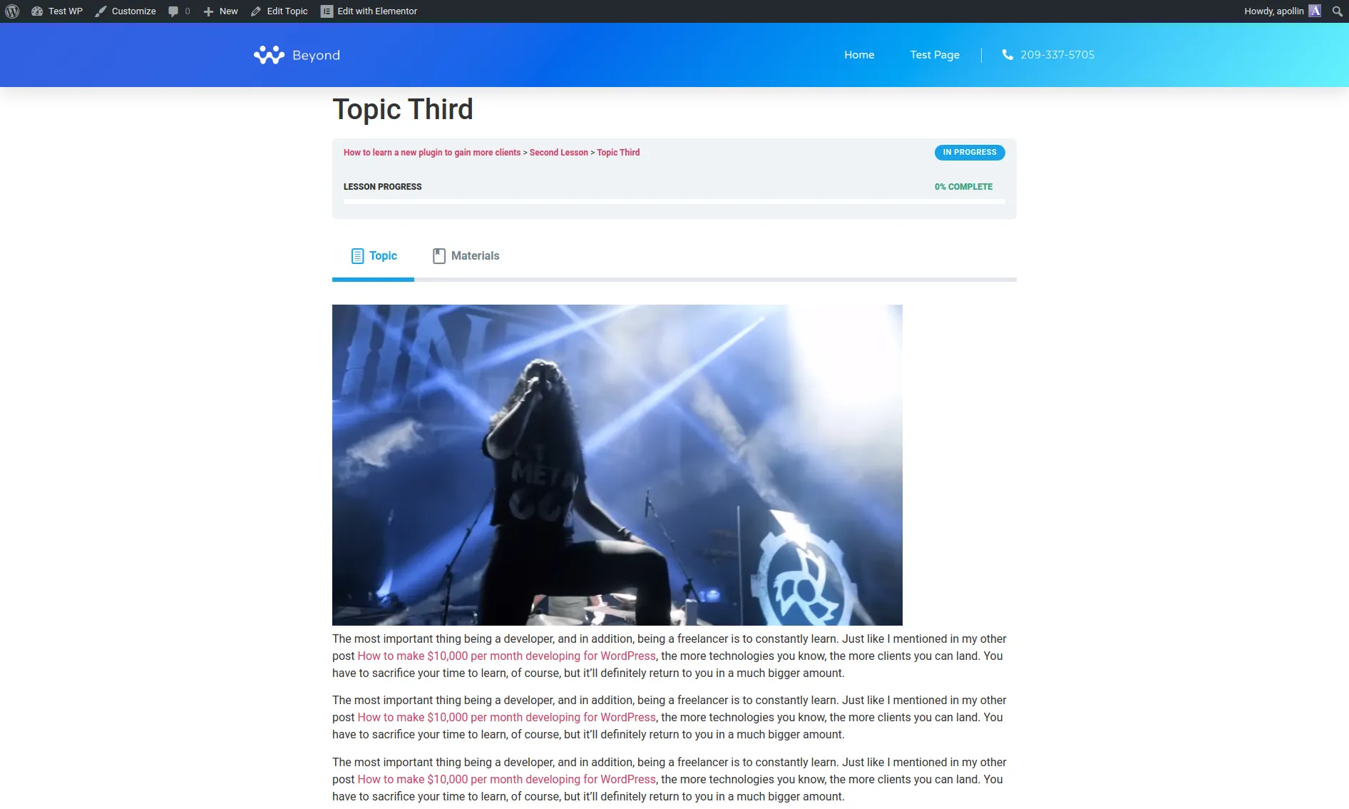 Front-end LearnDash 'Topic Third' page with a stage-photo hero image and Lorem ipsum body text referencing 'How to make $10,000 per month developing for WordPress'