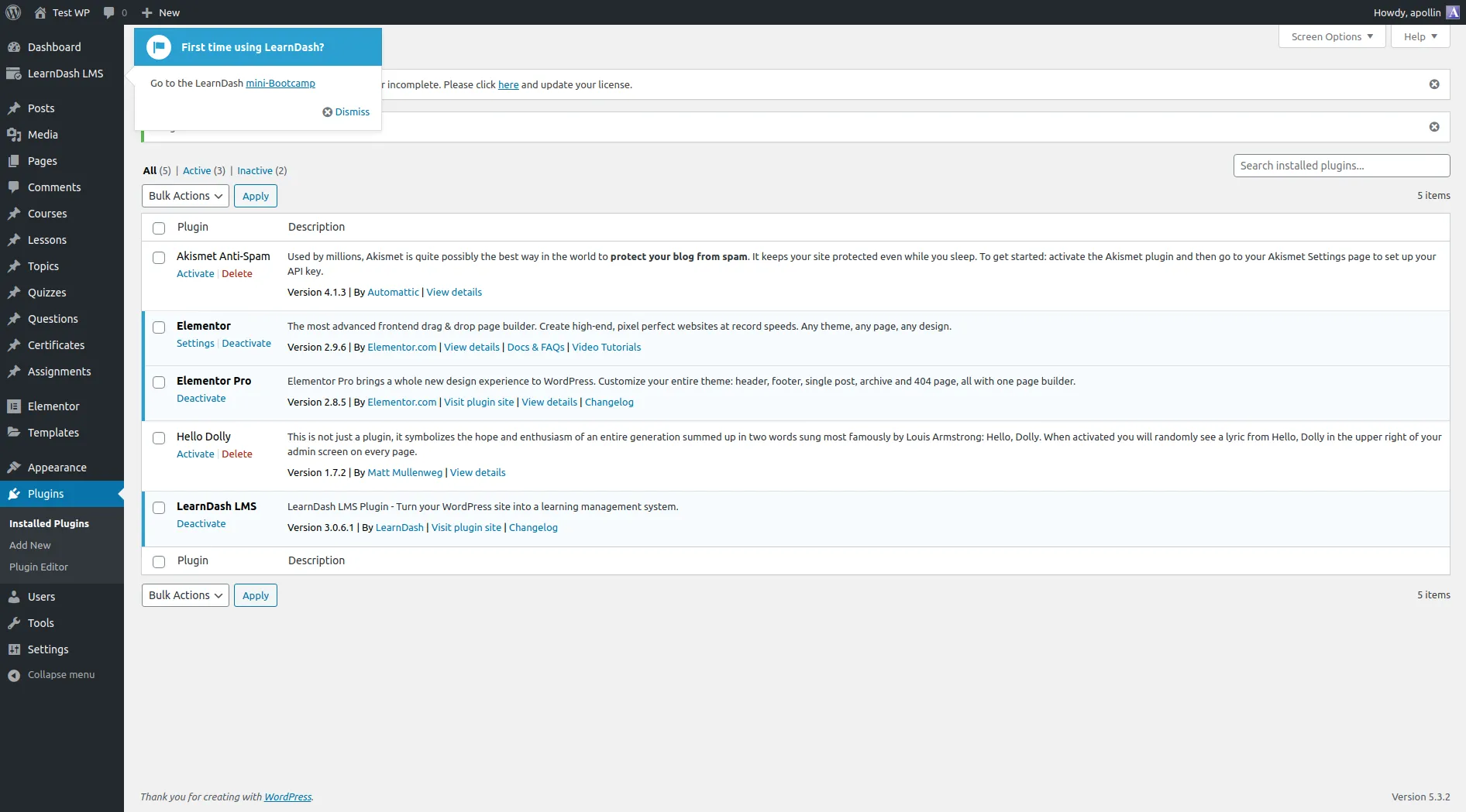 LearnDash plugin row in the WordPress installed plugins list, with a welcome admin notice promoting a mini-Bootcamp