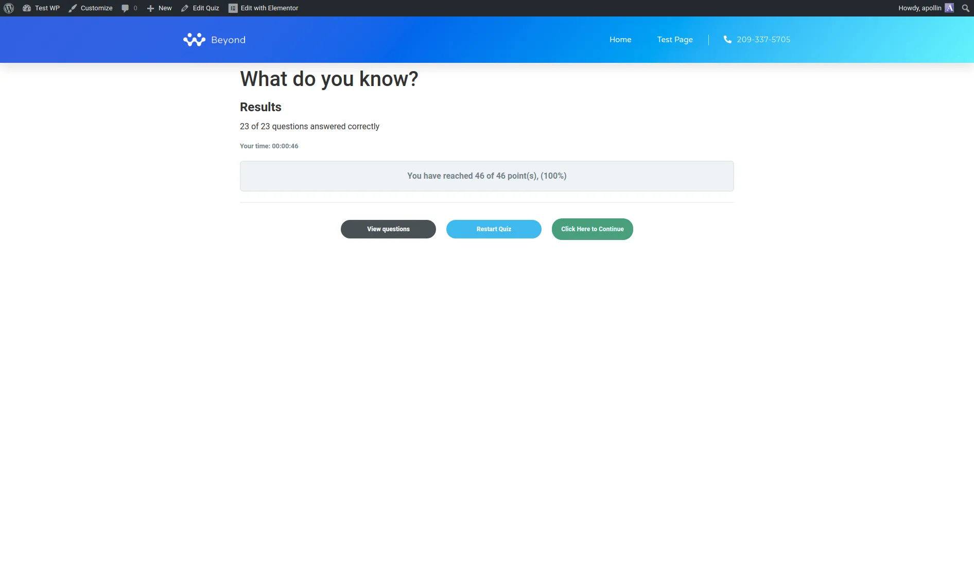 LearnDash quiz results page titled 'What do you know?' showing '23 of 23 questions answered correctly', 'Your time: 00:00:46', '46 of 46 point(s), (100%)', with View questions / Restart Quiz / Click Here to Continue buttons
