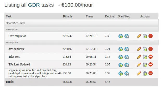 Time-tracking app screenshot: list of GDR-client tasks at €100/hour — Live migration, dev duplicate, Tiles sort, TPs Last Updated, segments.json — with billable amounts and elapsed timers totaling €543.31 over 5h 26m