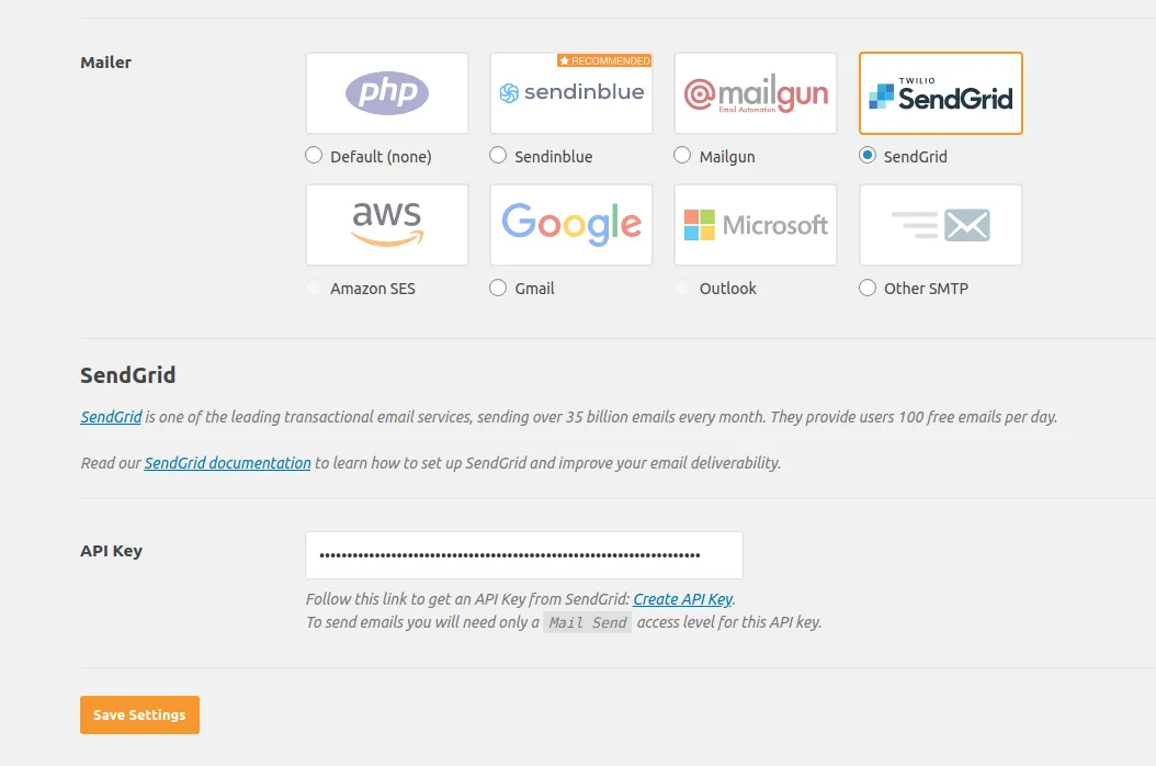 WP Mail SMTP plugin settings — Mailer set to SendGrid (alternatives: Default, Sendinblue, Mailgun, Amazon SES, Gmail, Outlook, Other SMTP) with an API Key field