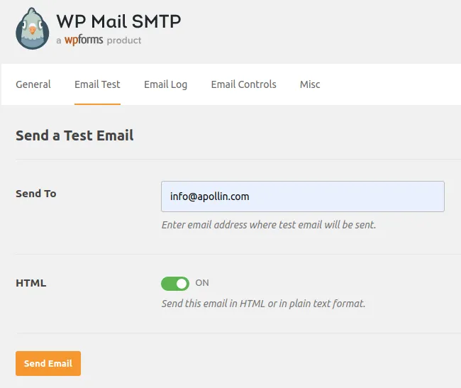 WP Mail SMTP 'Send a Test Email' tab — recipient info@apollin.com with HTML toggle ON and a Send Email button