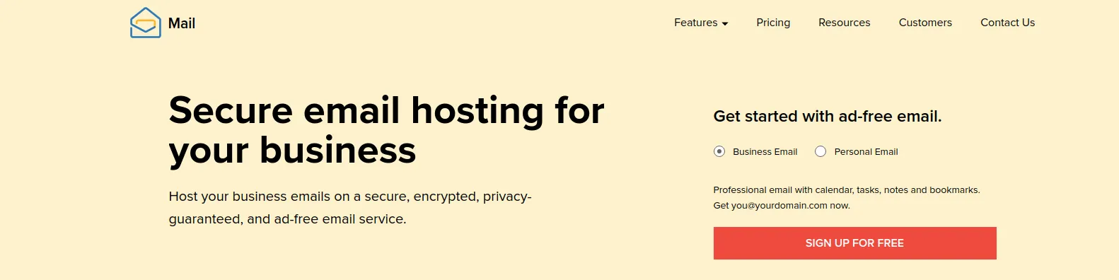 Zoho Mail landing page — 'Secure email hosting for your business' with Business/Personal Email selector and a 'Sign up for free' CTA