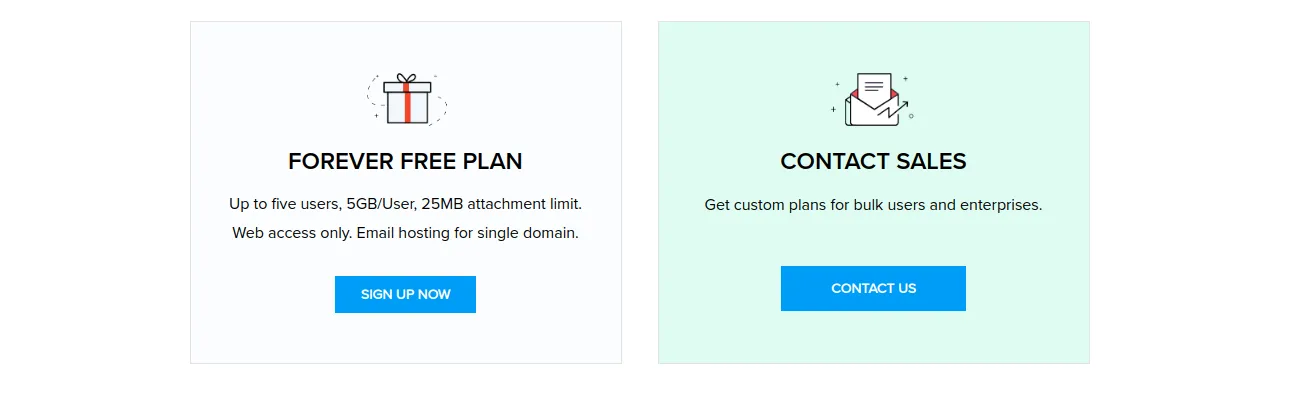 Zoho Mail plan selection — Forever Free Plan (up to 5 users, 5 GB/user, single domain) versus Contact Sales for custom enterprise plans